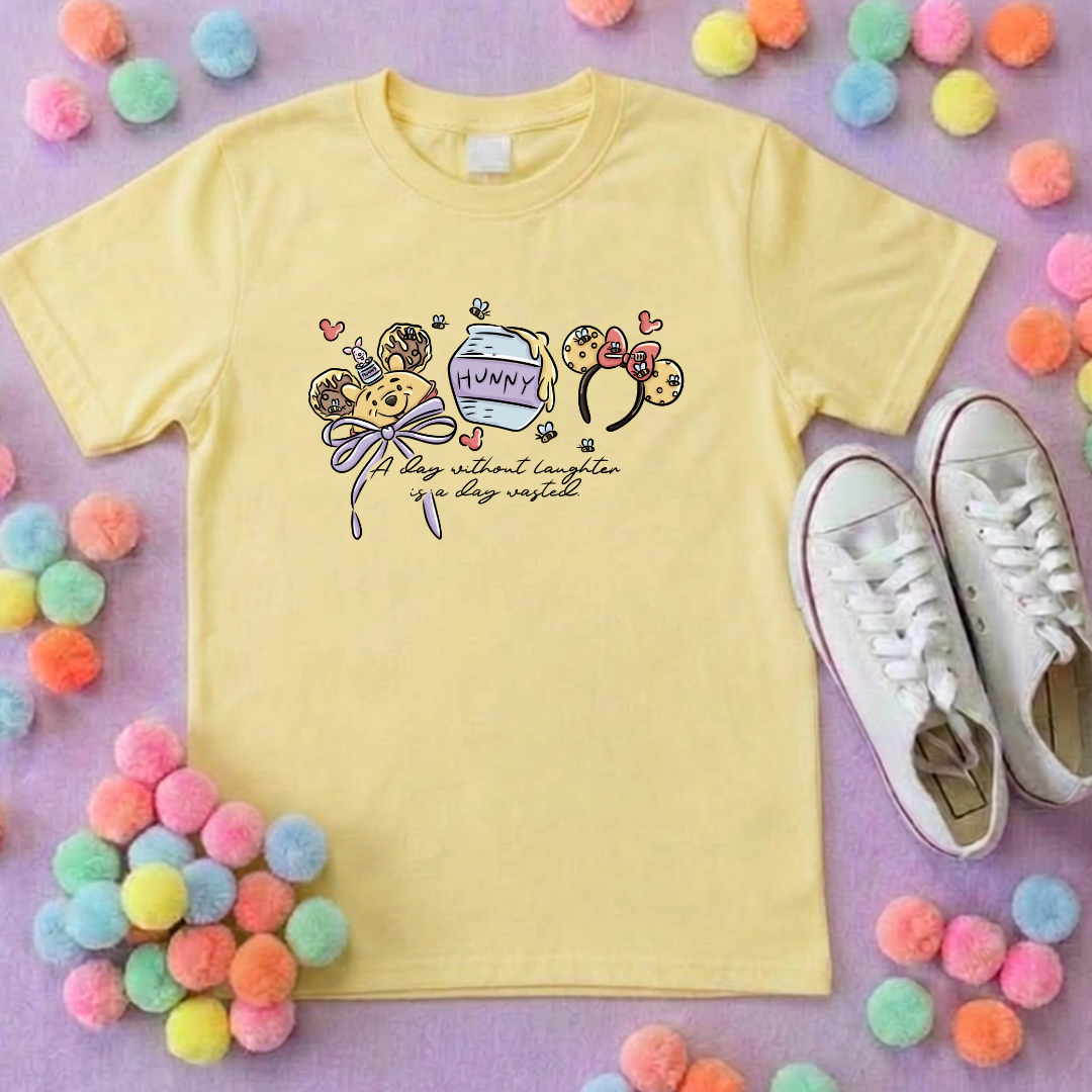 Hunny Bear Pooh Inspired Printed White T-Shirt, English Yellow Bear, Acre Wood - Adults & Kids Sizes - Cotton T-Shirt