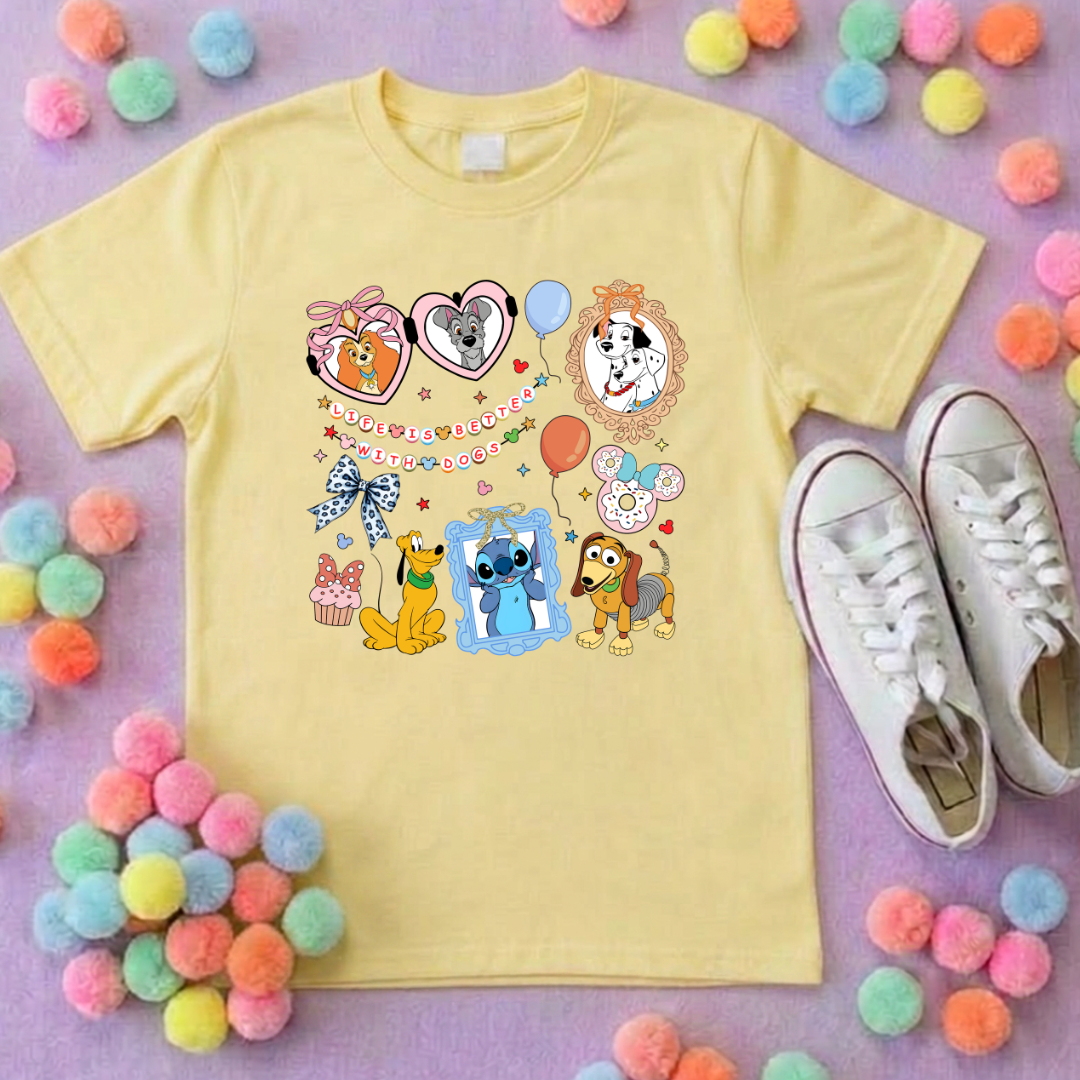 Pets Inspired Printed White T-Shirt, Dogs, Stitch, Dalmations and Friends - Adults & Kids Sizes - Cotton T-Shirt