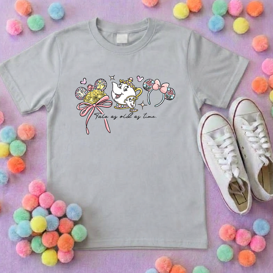 Belle & Teapot Inspired Printed T-Shirt, Princess Movie, Mouse Ears, Princess- Adults & Kids Sizes - Cotton T-Shirt