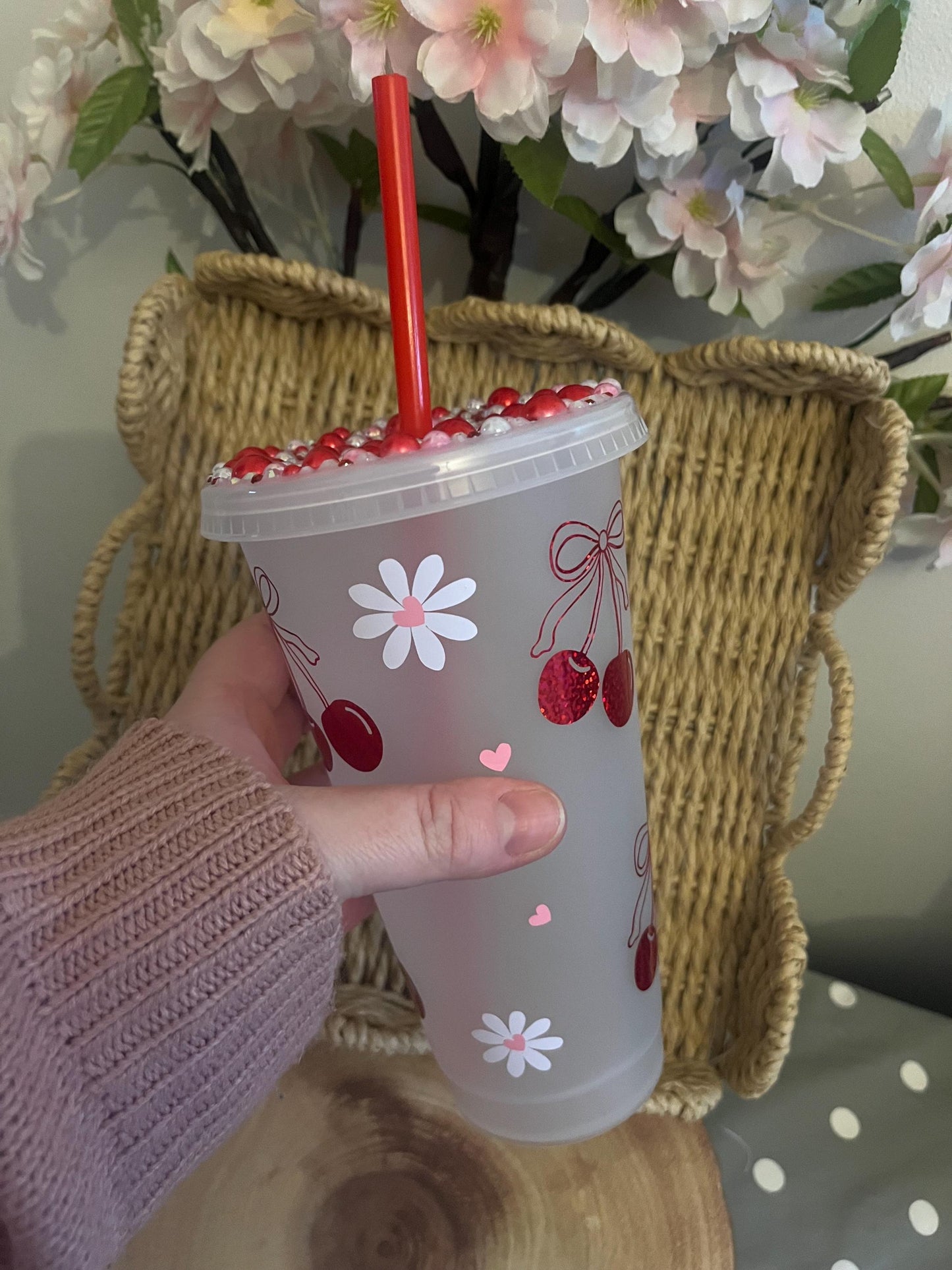 Cherry Daisy Cold Cup, Cherry Theme Daisie Theme, Cherry Vibe, Summer Drinks, Personalised Cold Cup, Iced Coffee Cup, Summer Cup