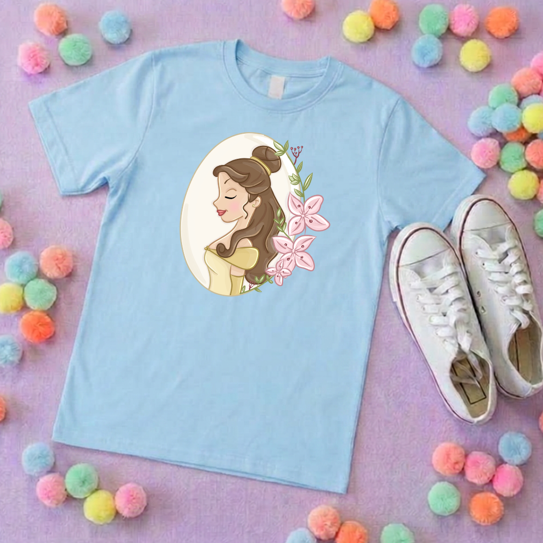 Belle & Flower Inspired Printed T-Shirt, Princess Movie, Mouse Ears, Princess- Adults & Kids Sizes - Cotton T-Shirt