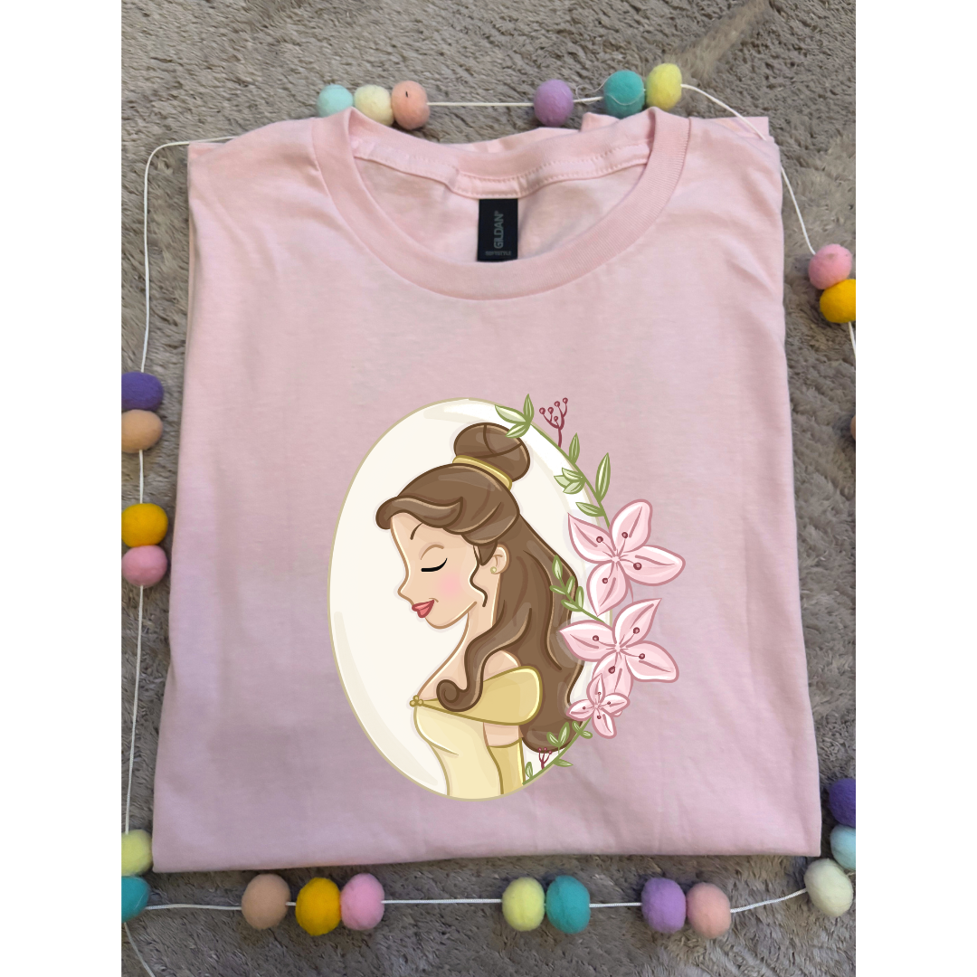 Belle & Flower Inspired Printed T-Shirt, Princess Movie, Mouse Ears, Princess- Adults & Kids Sizes - Cotton T-Shirt