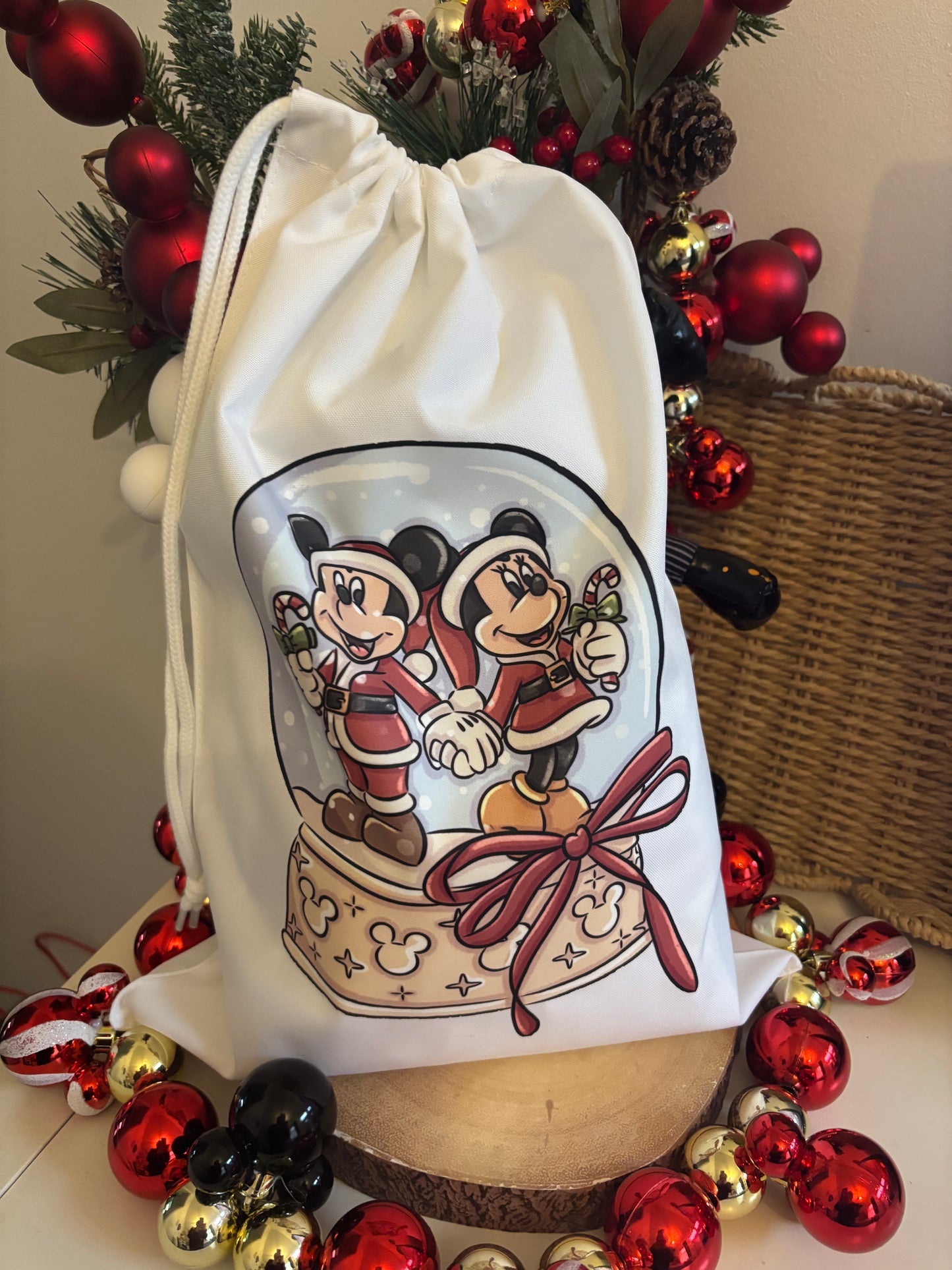 Christmas Santa Minnie & Mickey Snowglobe Printed Sacks, Magical Christmas Sacks, Personalised Sacks, Christmas Decor