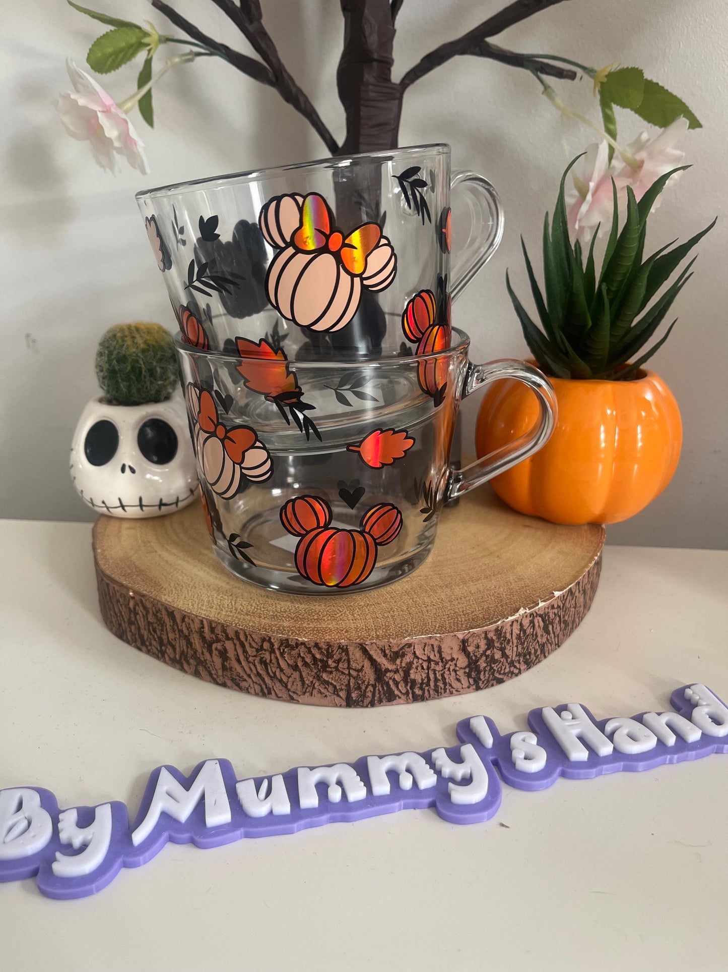Personalised Glass Mug, Autumn Pumpkin Minnie Glass Mug, Autumn Decor, Pumpkin Decor, Glass Mugs
