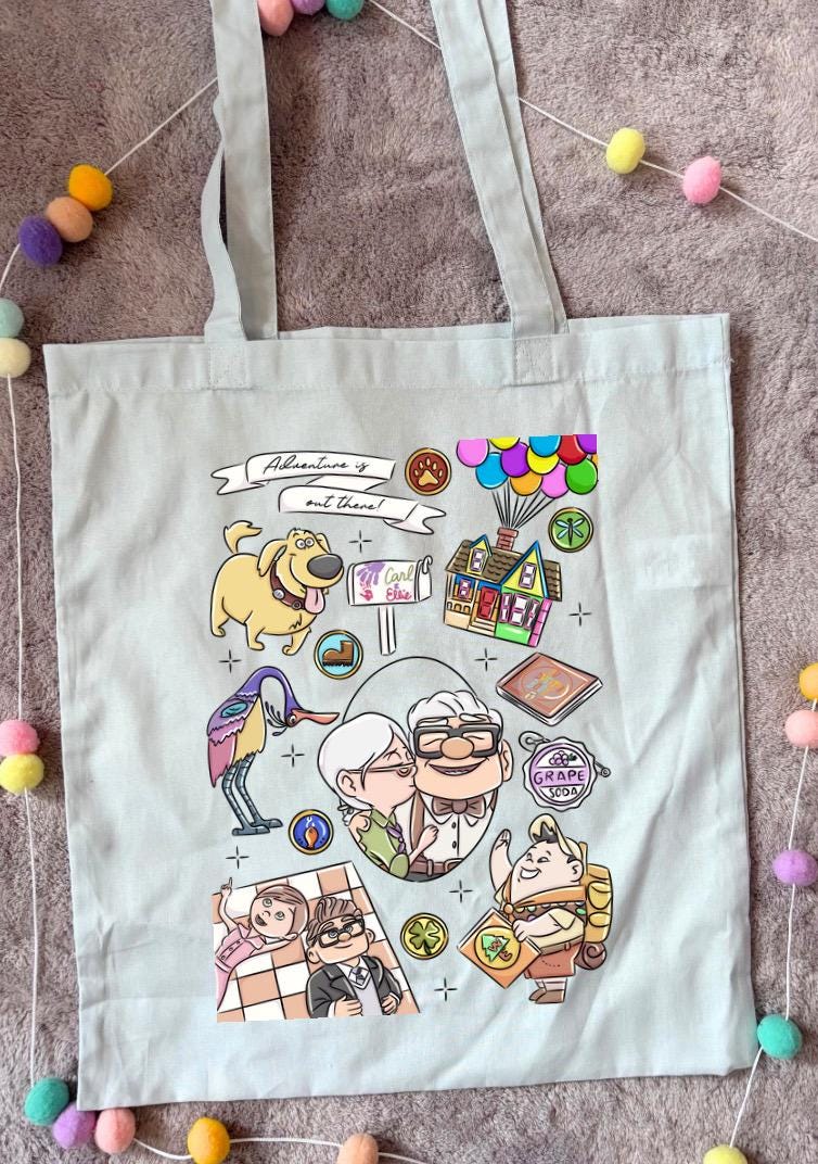 Up and Away, Ellie and Karl Tote Bags, Adventure is out there, Movie Theme Cotton Canvas Tote Bags, Printed Inspired Tote Bags, Shopper Bags