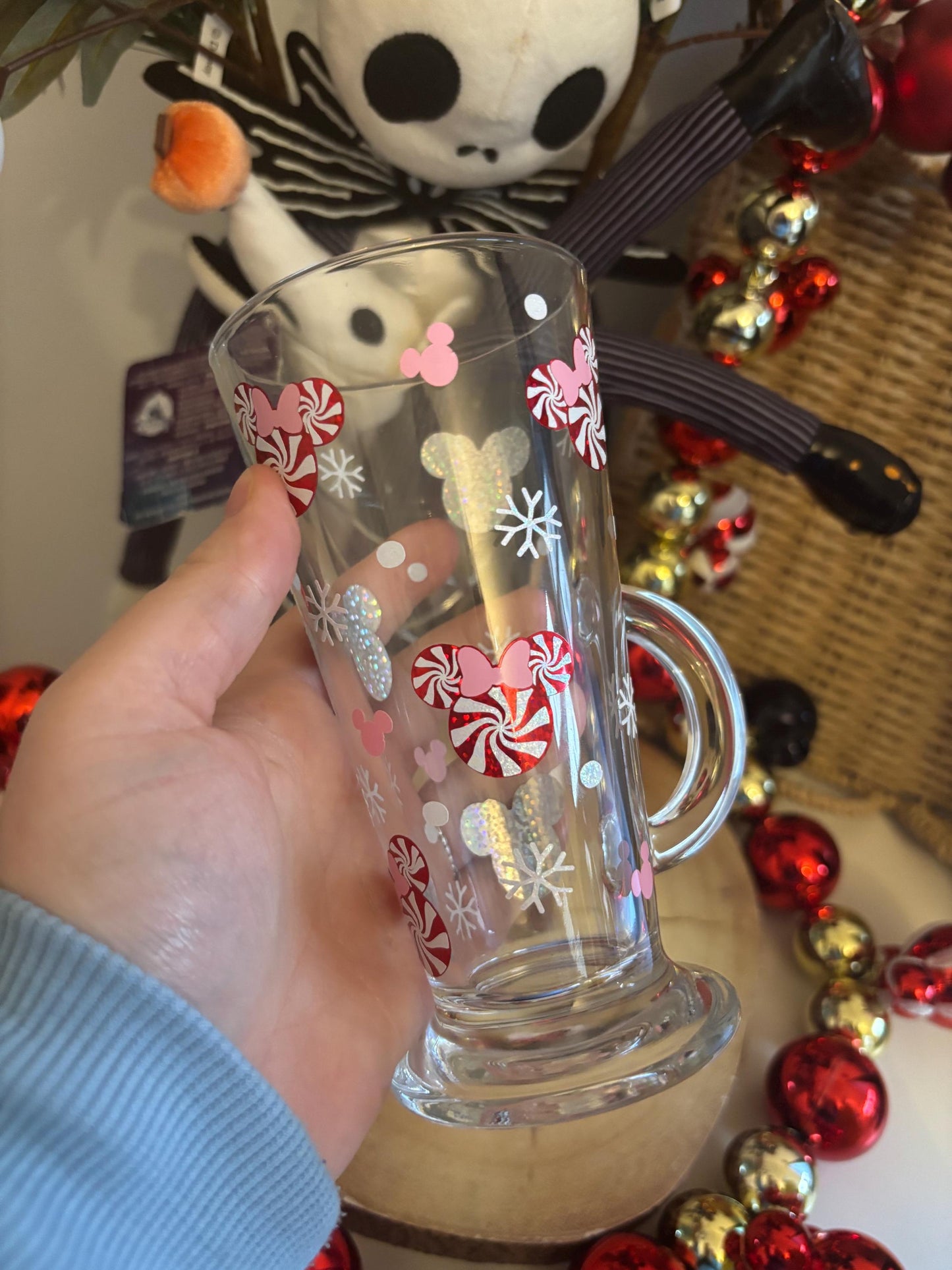 Christmas Glass Latte Mug, Christmas Candy Cane Mouse Glass Mug, Christmas Decor, Christmas Candy Cane Lane Decor, Glass Latte Mugs
