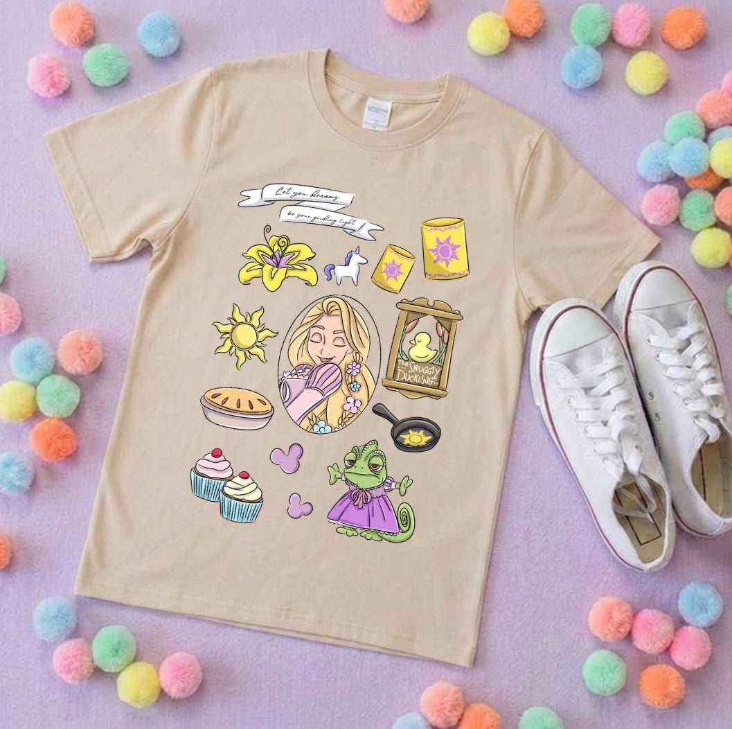 Rapunzel Princess Tower Full Art Inspired Printed T-Shirt, Princess Movie, Golden Hair Princess- Adults & Kids Sizes - Cotton T-Shirt