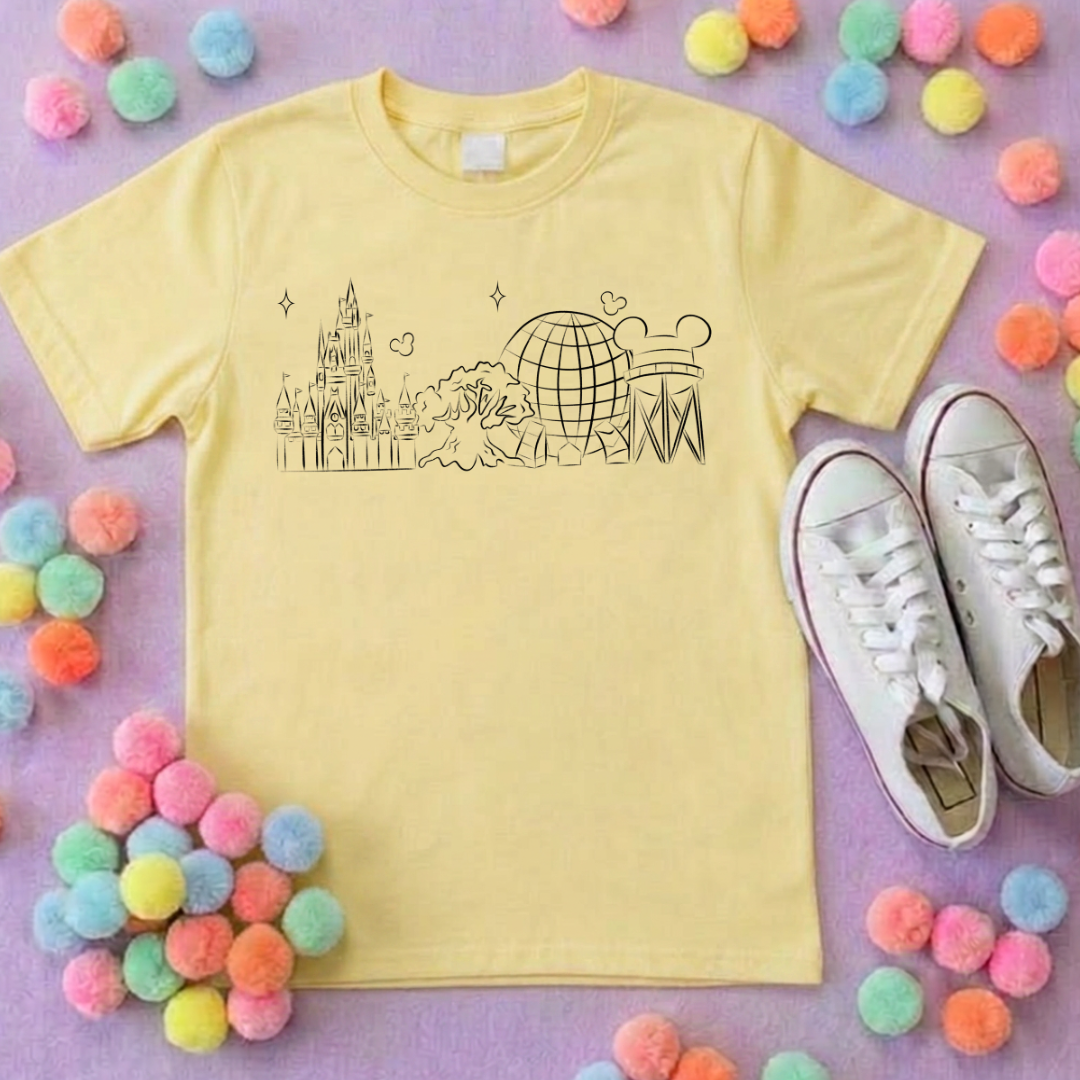 Exclusive Design, 4 Park Sketch Tee, Park Life T-Shirt, Ears, Florida, Orlando, Cruise Holidays T-Shirts, Holiday Outfits - Adults & Kids Sizes - Cotton T-Shirt