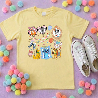 Pets Inspired Printed White T-Shirt, Dogs, Stitch, Dalmations and Friends - Adults & Kids Sizes - Cotton T-Shirt