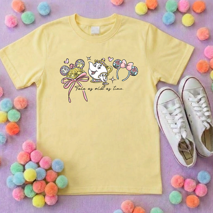 Belle & Teapot Inspired Printed T-Shirt, Princess Movie, Mouse Ears, Princess- Adults & Kids Sizes - Cotton T-Shirt