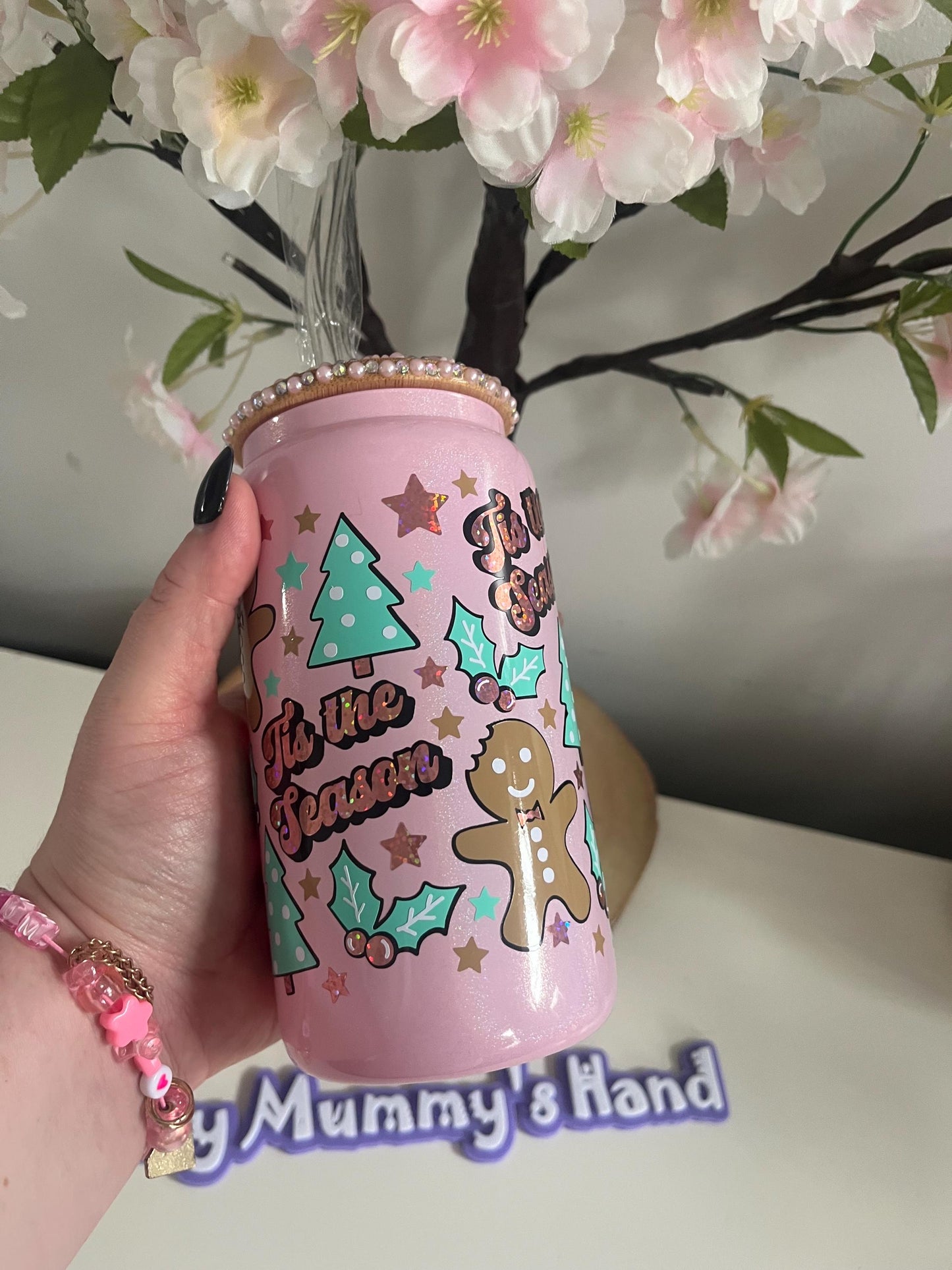 Personalised Can Glasses, Tis the Season, Christmas, Hot Chocolate, Gingerbread Latte, Iced Latte Glass, Pink Christmas Cup