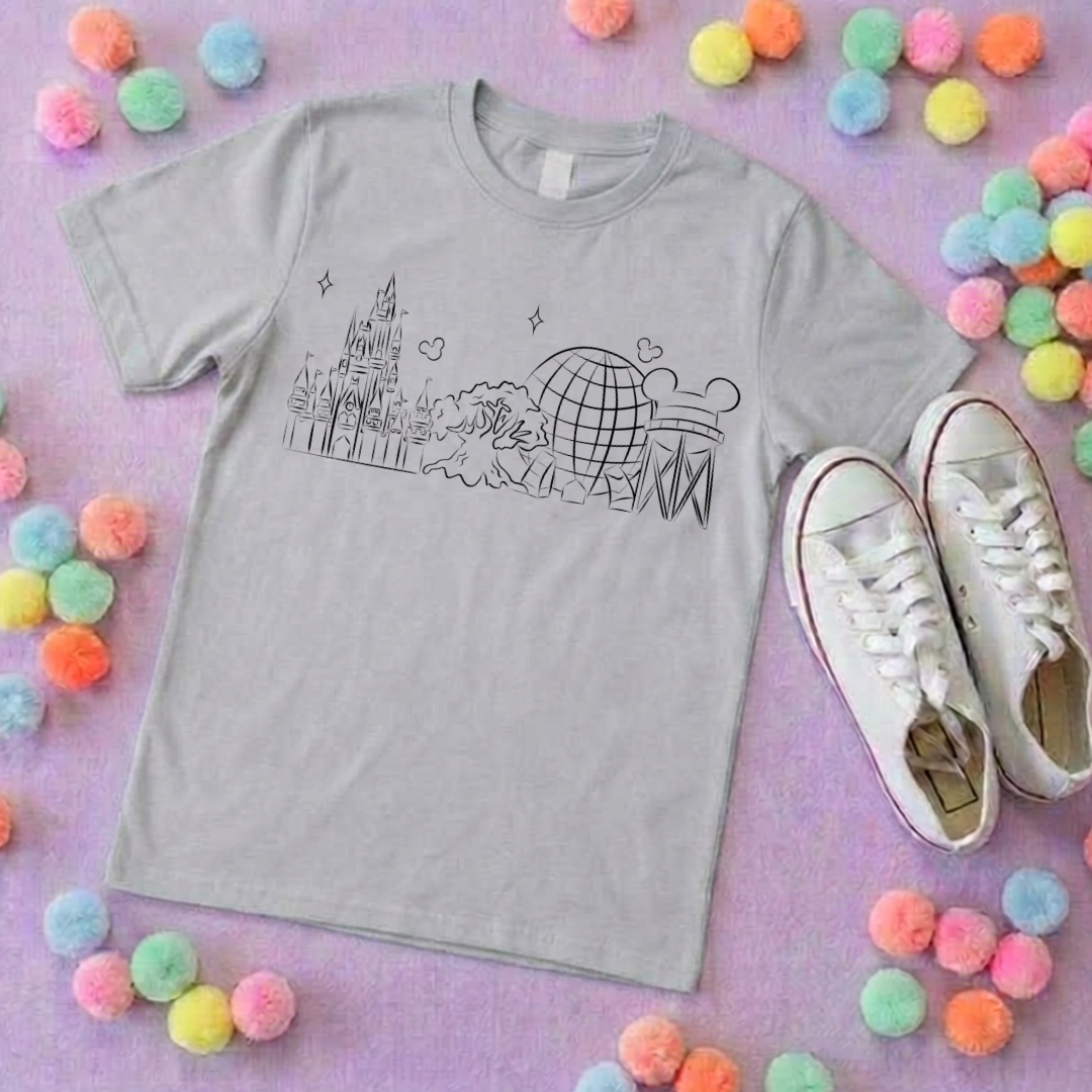Exclusive Design, 4 Park Sketch Tee, Park Life T-Shirt, Ears, Florida, Orlando, Cruise Holidays T-Shirts, Holiday Outfits - Adults & Kids Sizes - Cotton T-Shirt
