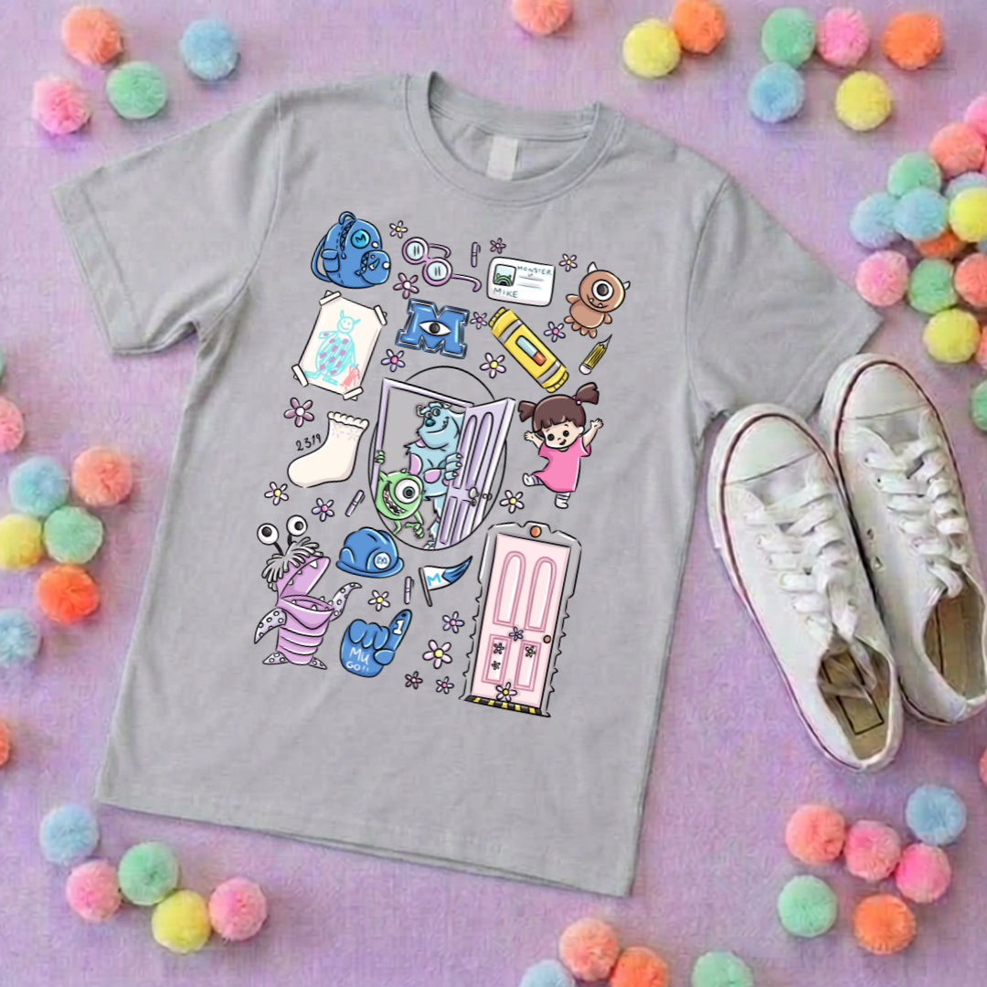 Monsters, Boo Full Art Inspired Printed Blue T-Shirt, Monsters Inc, University, Mike, Sully, Boo and Friends - Adults & Kids Sizes - Cotton T-Shirt