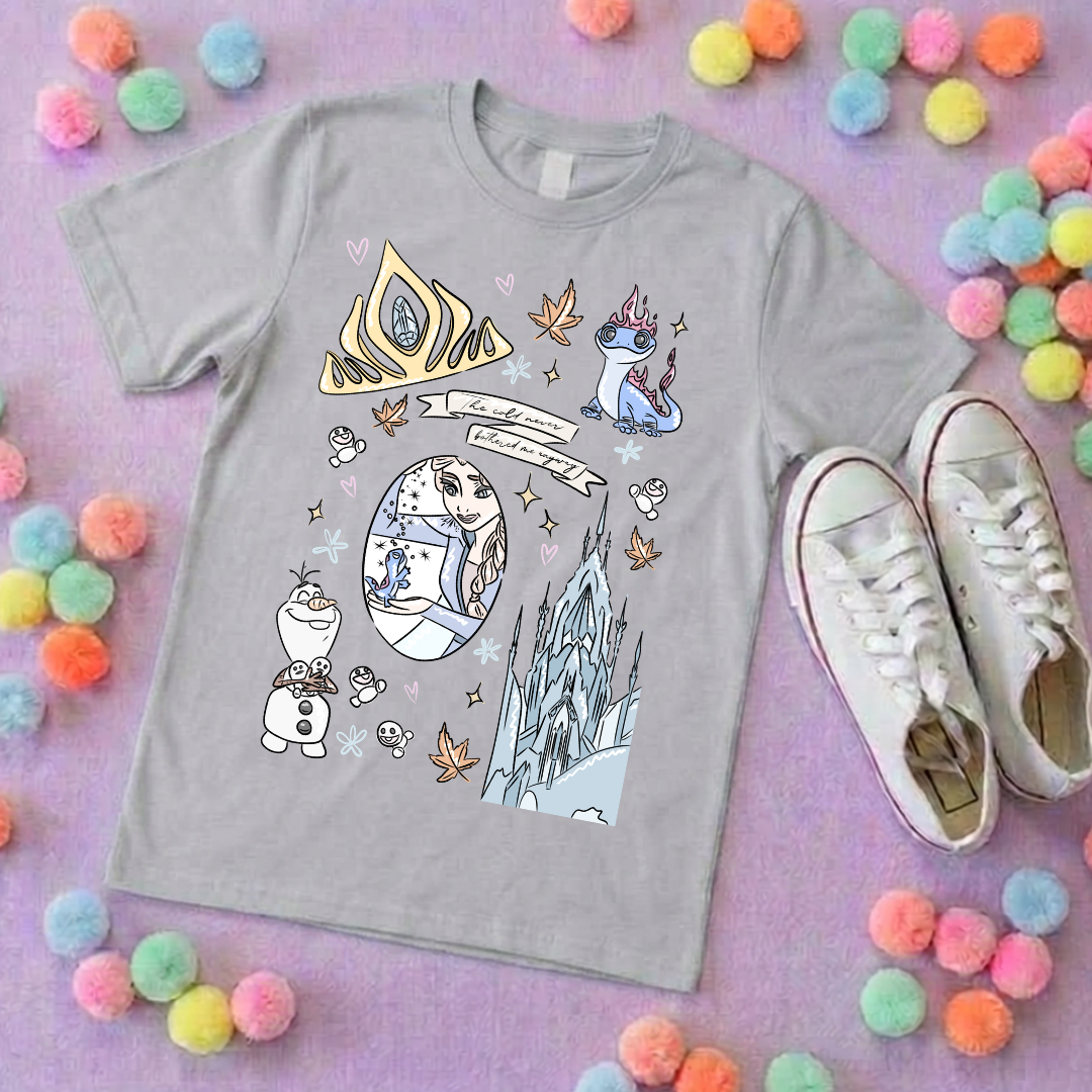 Frozen Sisters, Full Art Design Inspired Printed T-Shirt, Norwegian Style, Happy Snowman, Olaf, Bruni - Adults & Kids Sizes - Cotton T-Shirt