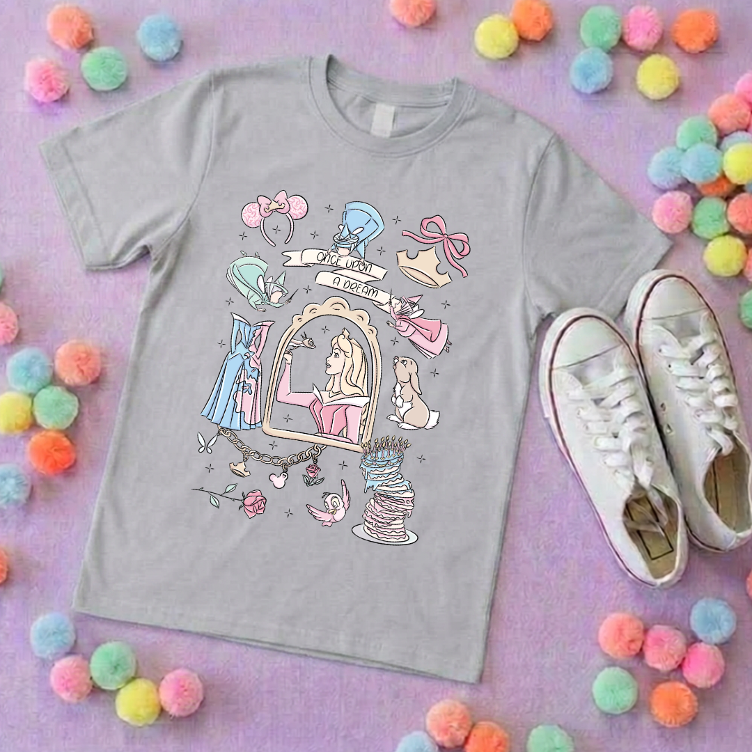 Sleeping Princess Full Art Inspired Printed T-Shirt, Princess Movie, Mouse Ears, Princess- Adults & Kids Sizes - Cotton T-Shirt