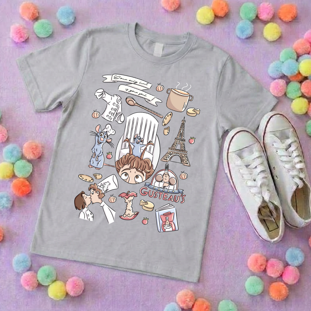 Chez Remi Full Art Rat Inspired Printed T-Shirt, French Mouse Chef, Ratatouille - Adults & Kids Sizes - Cotton T-Shirt