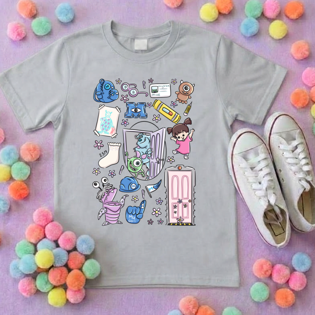 Monsters, Boo Full Art Inspired Printed Blue T-Shirt, Monsters Inc, University, Mike, Sully, Boo and Friends - Adults & Kids Sizes - Cotton T-Shirt
