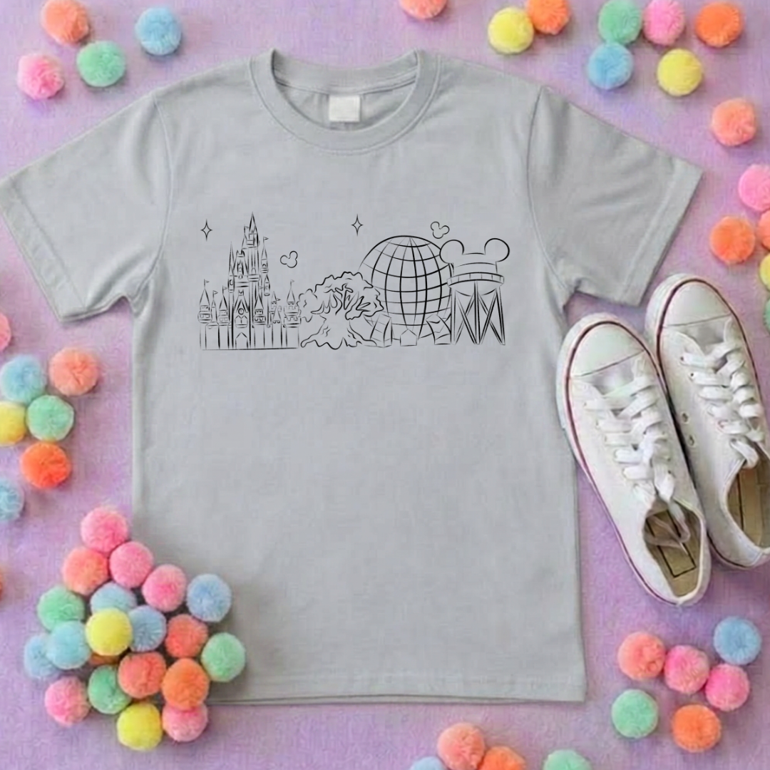 Exclusive Design, 4 Park Sketch Tee, Park Life T-Shirt, Ears, Florida, Orlando, Cruise Holidays T-Shirts, Holiday Outfits - Adults & Kids Sizes - Cotton T-Shirt