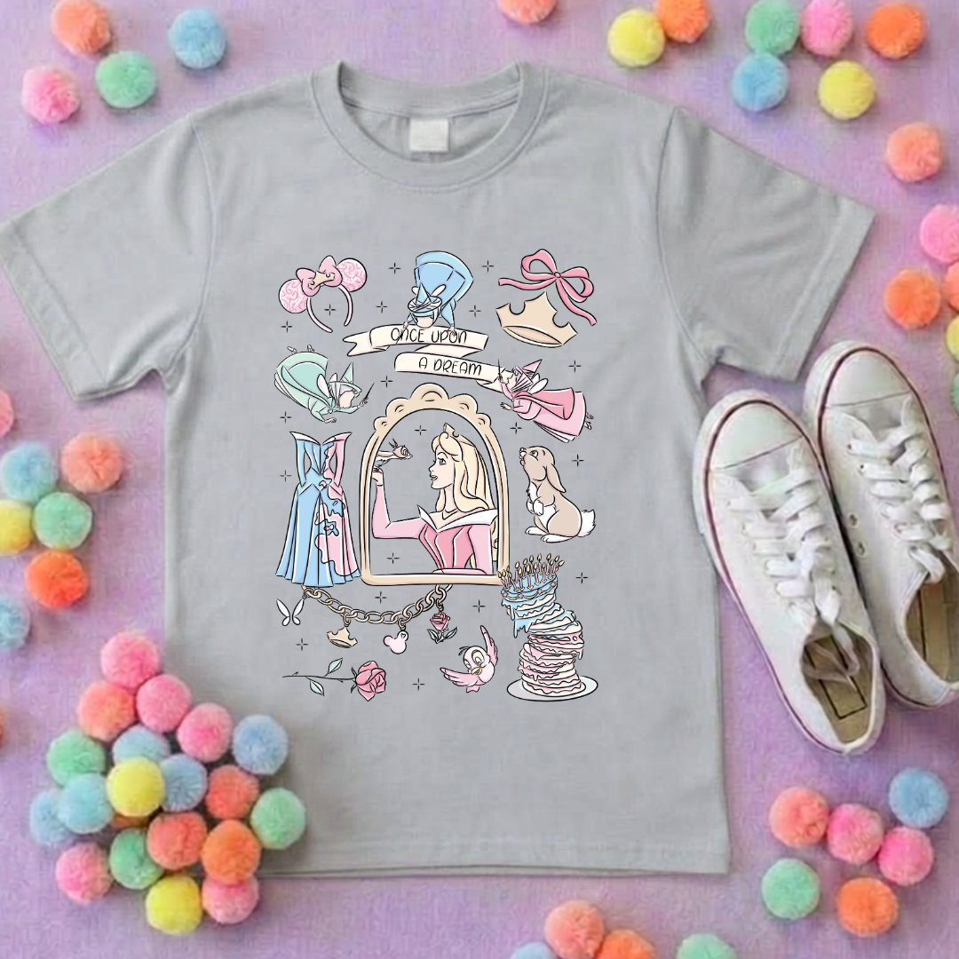 Sleeping Princess Full Art Inspired Printed T-Shirt, Princess Movie, Mouse Ears, Princess- Adults & Kids Sizes - Cotton T-Shirt