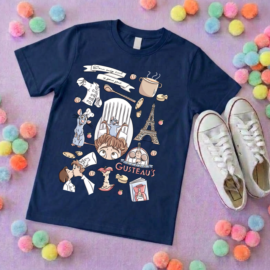 Chez Remi Full Art Rat Inspired Printed T-Shirt, French Mouse Chef, Ratatouille - Adults & Kids Sizes - Cotton T-Shirt