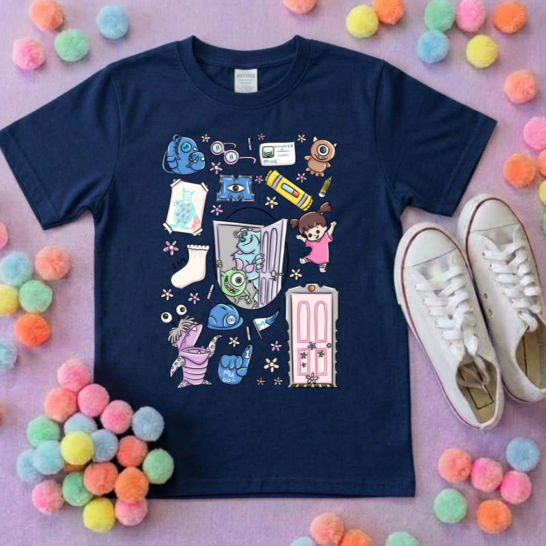 Monsters, Boo Full Art Inspired Printed Blue T-Shirt, Monsters Inc, University, Mike, Sully, Boo and Friends - Adults & Kids Sizes - Cotton T-Shirt