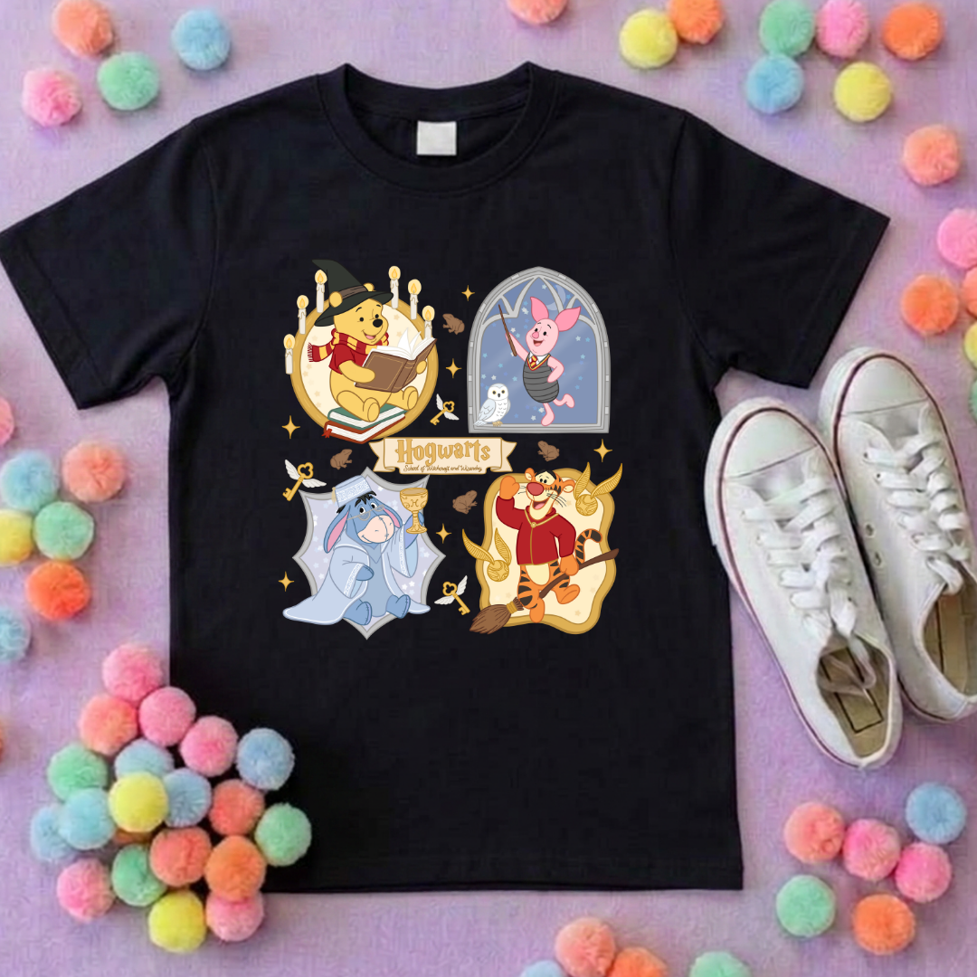Winnie in Hogwarts Full Art Park Life T-Shirt, Ears, Florida, Orlando, Cruise Holidays T-Shirts, Holiday Outfits - Adults & Kids Sizes - Cotton T-Shirts