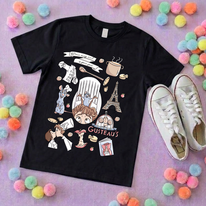 Chez Remi Full Art Rat Inspired Printed T-Shirt, French Mouse Chef, Ratatouille - Adults & Kids Sizes - Cotton T-Shirt