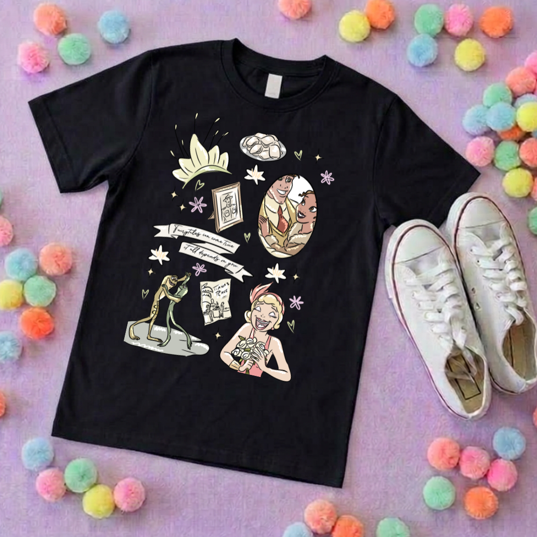Bayou Frog Princess Full Art Inspired Printed T-Shirt, Princess Movie, Mouse Ears, Princess- Adults & Kids Sizes - Cotton T-Shirt