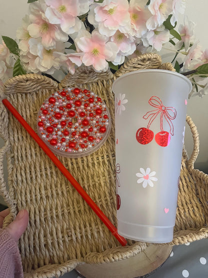 Cherry Daisy Cold Cup, Cherry Theme Daisie Theme, Cherry Vibe, Summer Drinks, Personalised Cold Cup, Iced Coffee Cup, Summer Cup