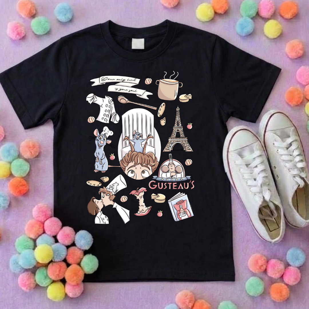 Chez Remi Full Art Rat Inspired Printed T-Shirt, French Mouse Chef, Ratatouille - Adults & Kids Sizes - Cotton T-Shirt