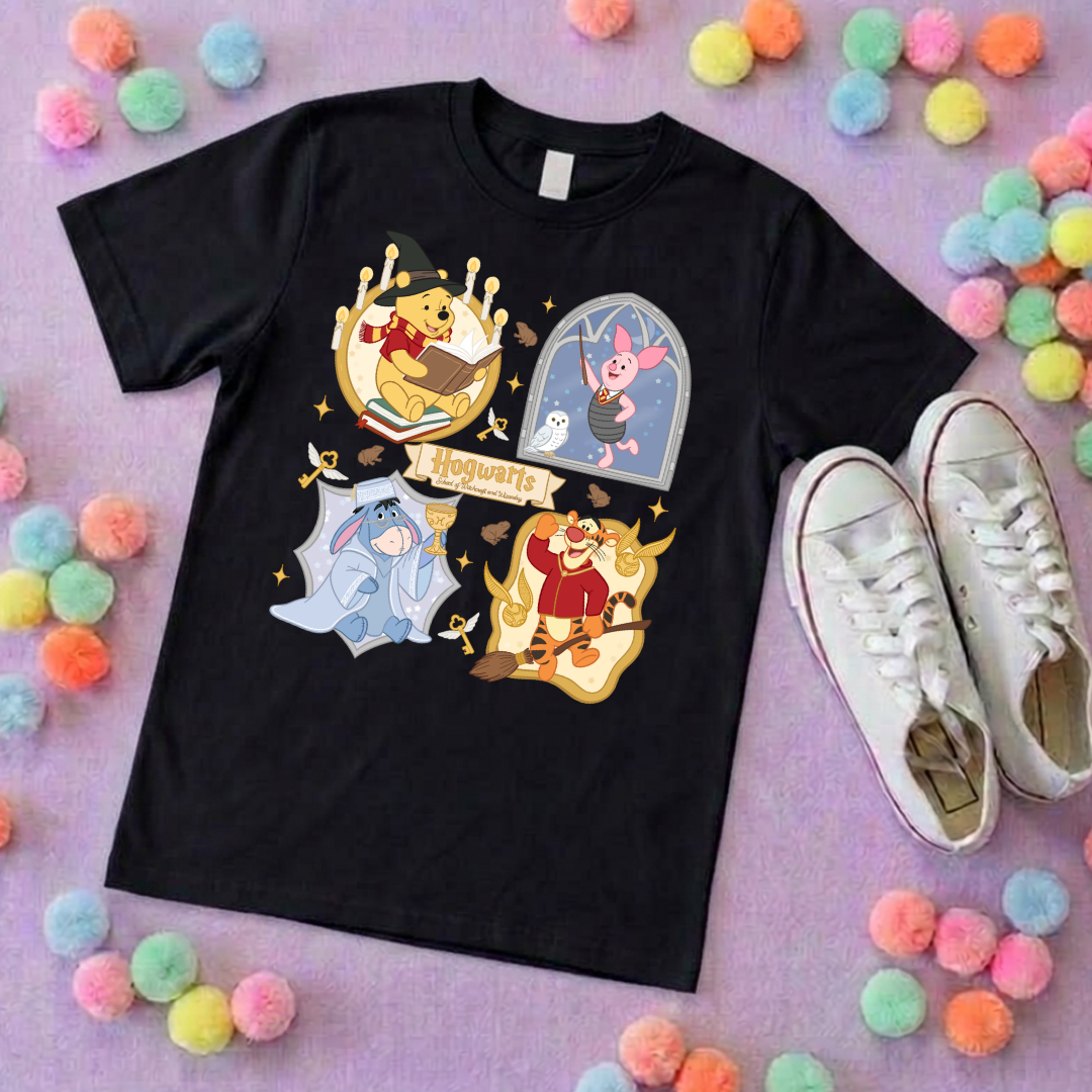 Winnie in Hogwarts Full Art Park Life T-Shirt, Ears, Florida, Orlando, Cruise Holidays T-Shirts, Holiday Outfits - Adults & Kids Sizes - Cotton T-Shirts