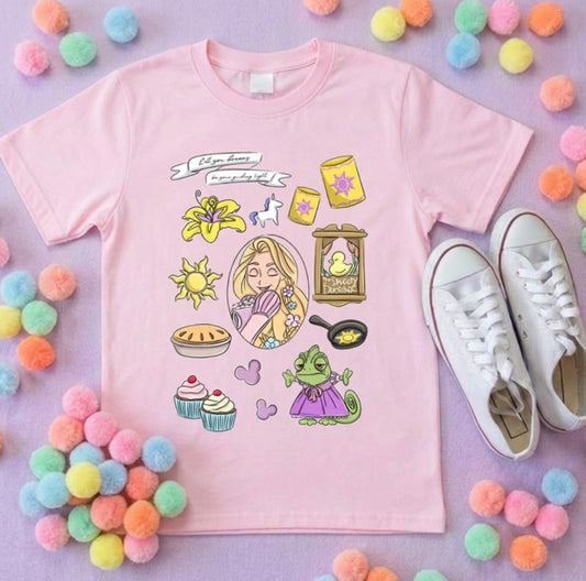 Rapunzel Princess Tower Full Art Inspired Printed T-Shirt, Princess Movie, Golden Hair Princess- Adults & Kids Sizes - Cotton T-Shirt