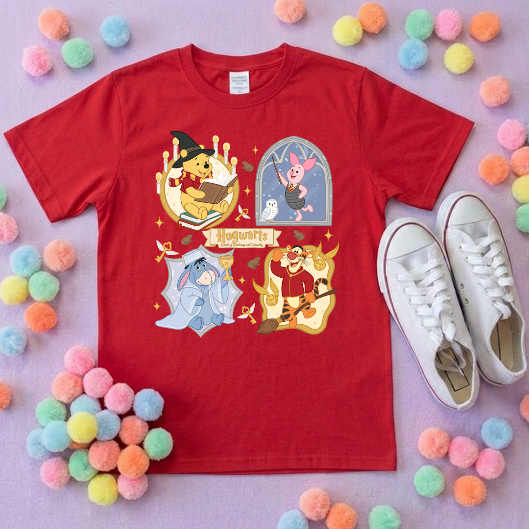 Winnie in Hogwarts Full Art Park Life T-Shirt, Ears, Florida, Orlando, Cruise Holidays T-Shirts, Holiday Outfits - Adults & Kids Sizes - Cotton T-Shirts