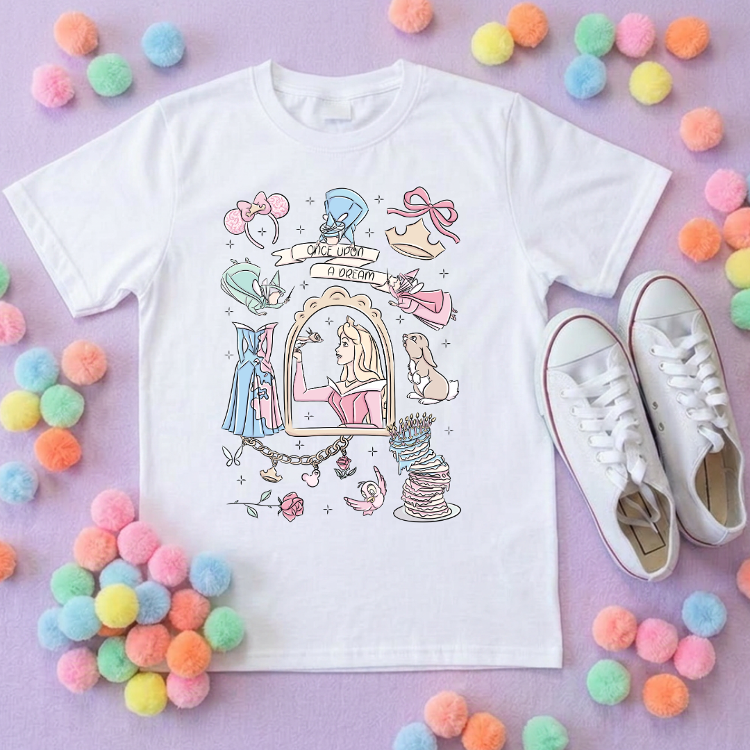 Sleeping Princess Full Art Inspired Printed T-Shirt, Princess Movie, Mouse Ears, Princess- Adults & Kids Sizes - Cotton T-Shirt