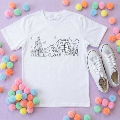 Exclusive Design, 4 Park Sketch Tee, Park Life T-Shirt, Ears, Florida, Orlando, Cruise Holidays T-Shirts, Holiday Outfits - Adults & Kids Sizes - Cotton T-Shirt