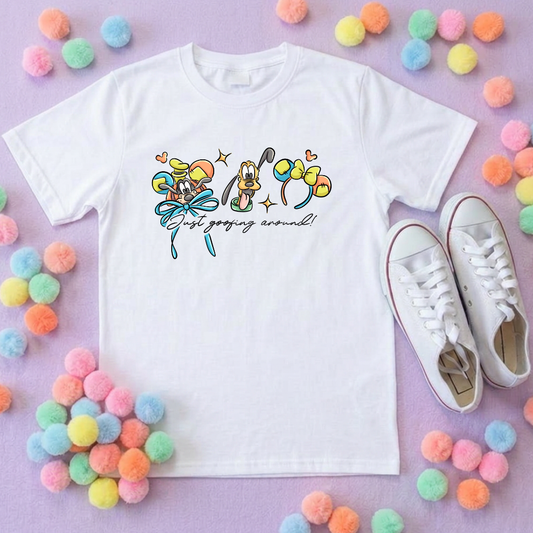 Goofing Around, Goofy, Pluto Inspired Printed White T-Shirt, Yellow Dog, Goofy - Adults & Kids Sizes - Cotton T-Shirt
