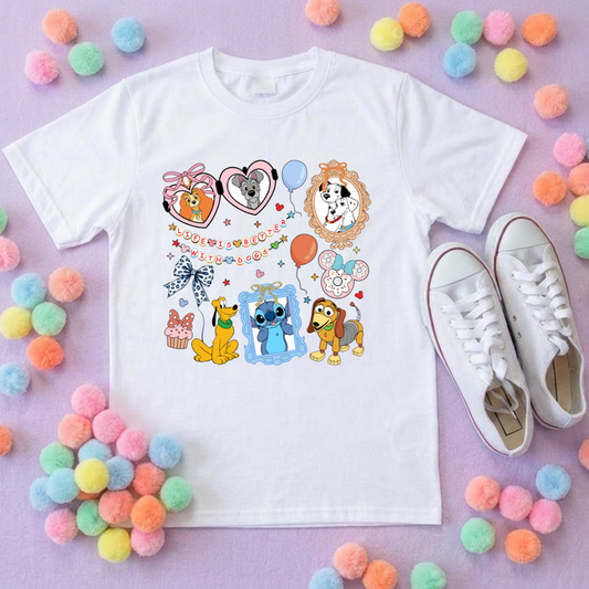 Pets Inspired Printed White T-Shirt, Dogs, Stitch, Dalmations and Friends - Adults & Kids Sizes - Cotton T-Shirt