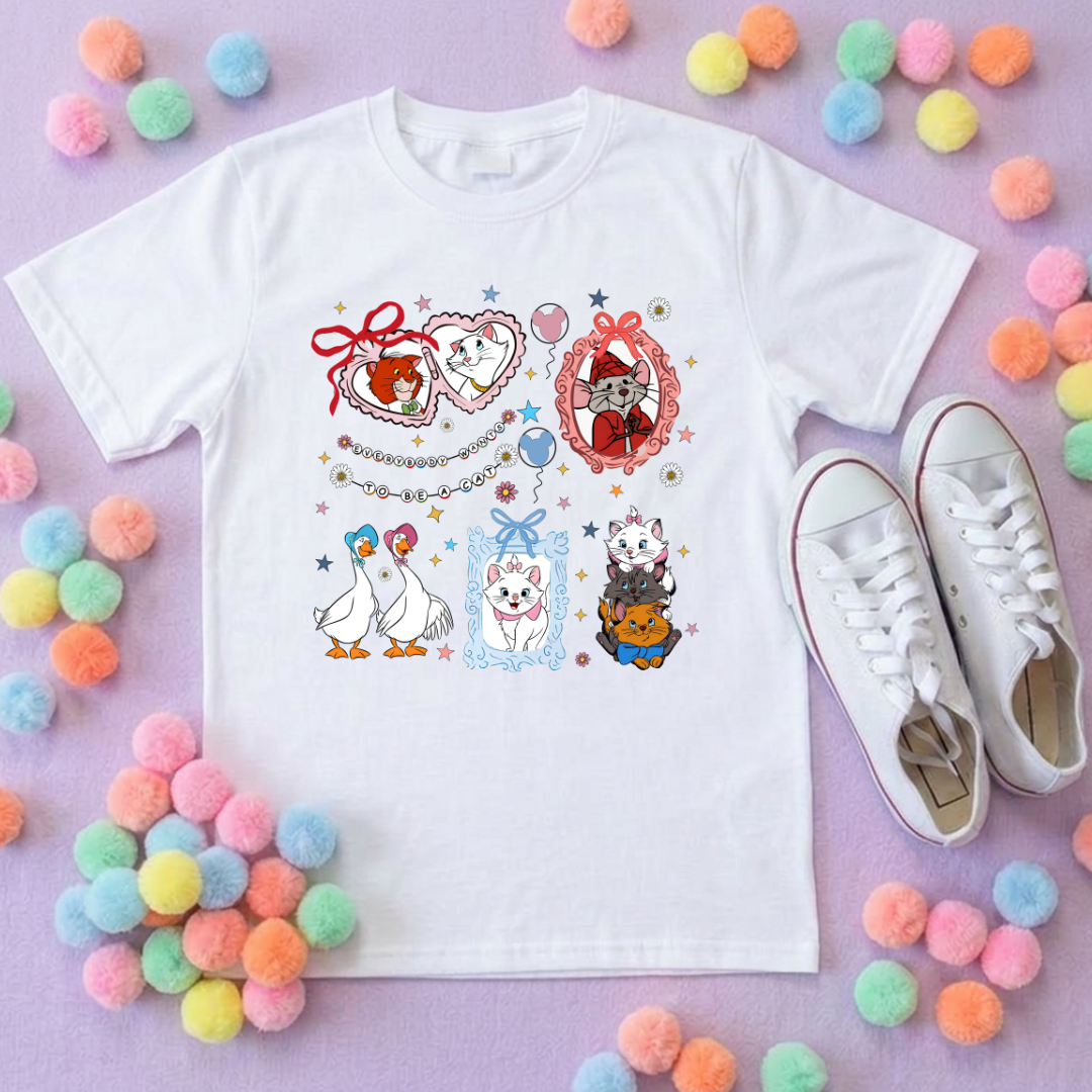 Cat Aristocat Inspired Printed Pink T-Shirt, Underwater, Kittens, Marie, Duchess and Friends - Adults & Kids Sizes - Cotton T-Shirt