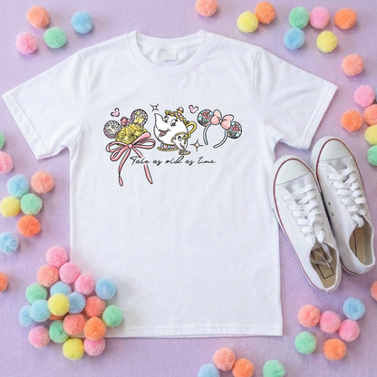 Belle & Teapot Inspired Printed T-Shirt, Princess Movie, Mouse Ears, Princess- Adults & Kids Sizes - Cotton T-Shirt