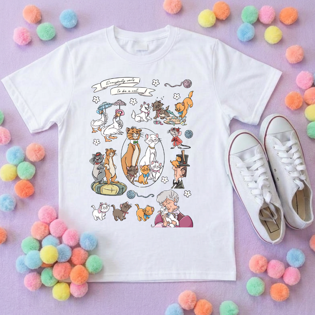 Cat Aristocat Full Art Inspired Printed Pink T-Shirt, Underwater, Kittens, Marie, Duchess and Friends - Adults & Kids Sizes - Cotton T-Shirt