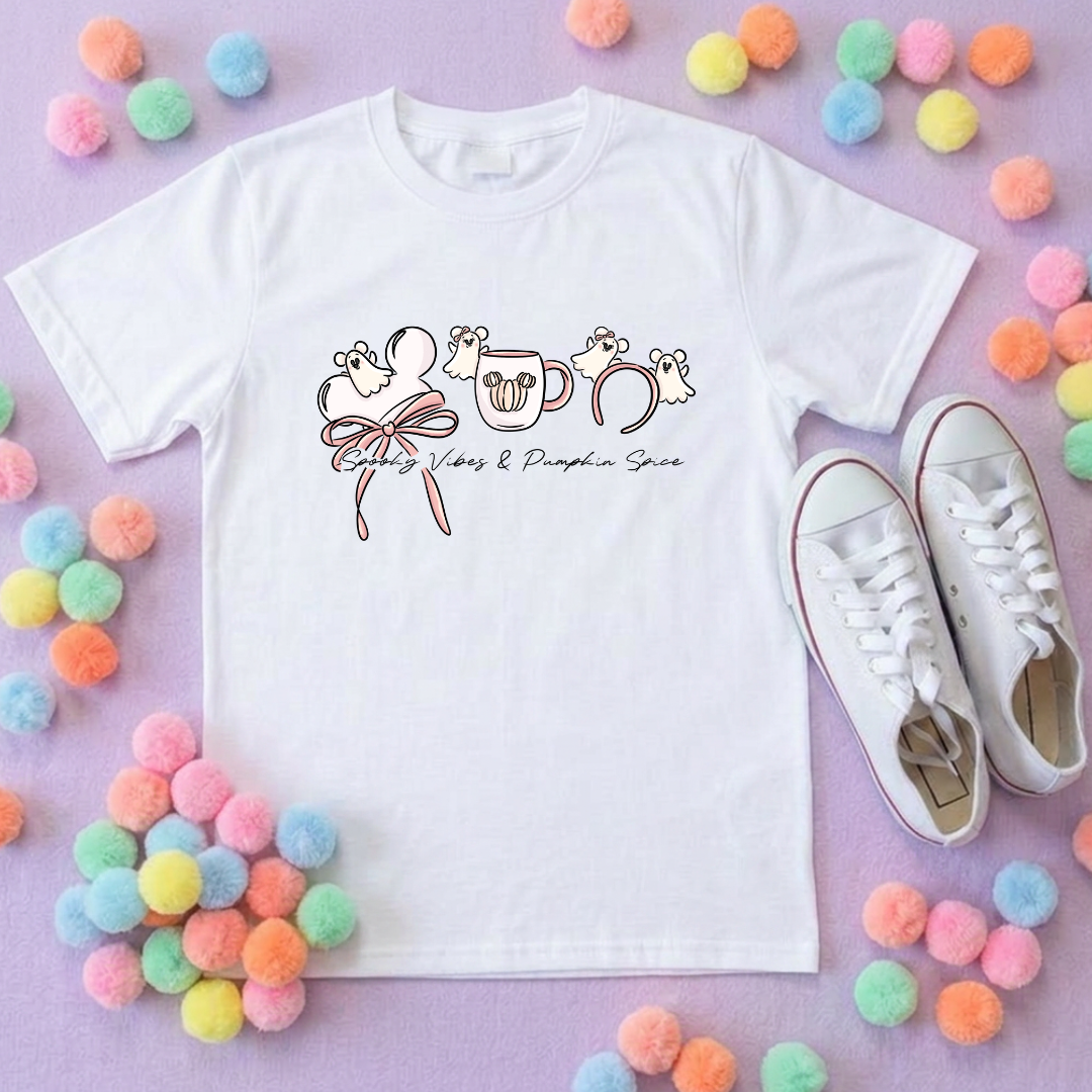 Ghost Mouse, Pumpkin Spice T-Shirt, Ears, Florida, Orlando, Halloween T-Shirts, Halloween Outfits - Adults & Kids Sizes - Cotton T-Shirt