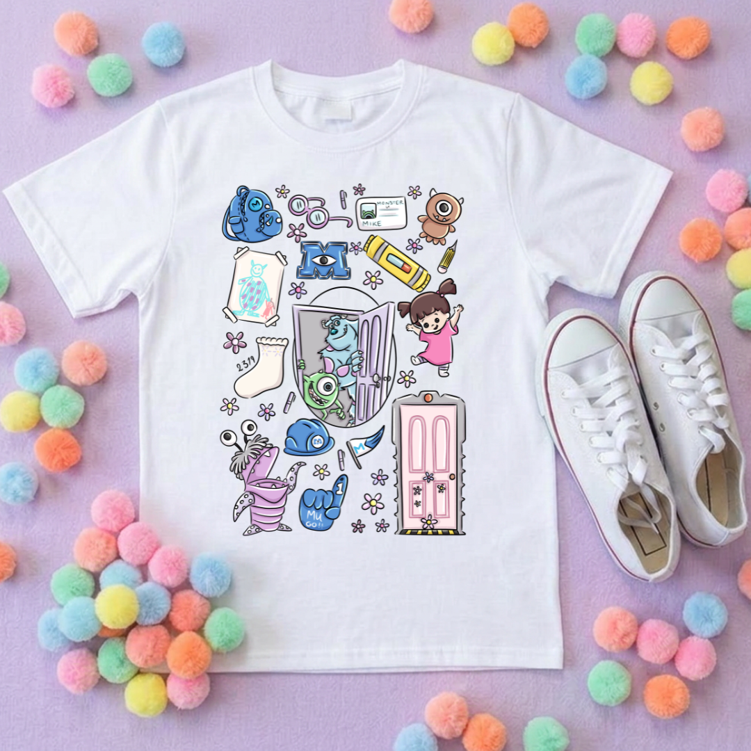 Monsters, Boo Full Art Inspired Printed Blue T-Shirt, Monsters Inc, University, Mike, Sully, Boo and Friends - Adults & Kids Sizes - Cotton T-Shirt