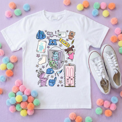 Monsters, Boo Full Art Inspired Printed Blue T-Shirt, Monsters Inc, University, Mike, Sully, Boo and Friends - Adults & Kids Sizes - Cotton T-Shirt