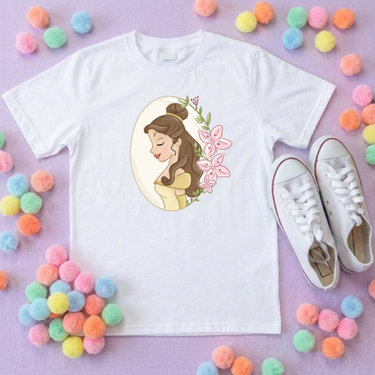 Belle & Flower Inspired Printed T-Shirt, Princess Movie, Mouse Ears, Princess- Adults & Kids Sizes - Cotton T-Shirt