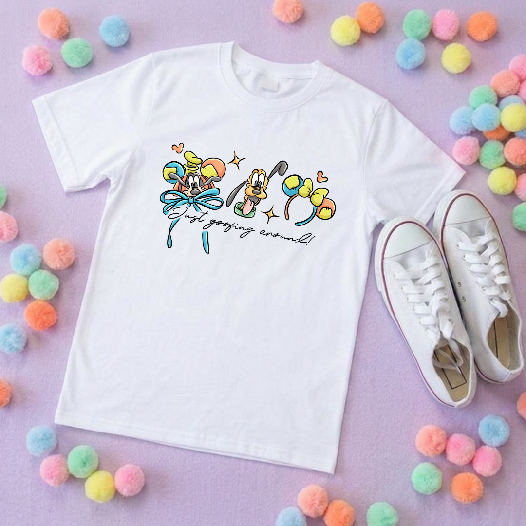 Goofing Around, Goofy, Pluto Inspired Printed White T-Shirt, Yellow Dog, Goofy - Adults & Kids Sizes - Cotton T-Shirt