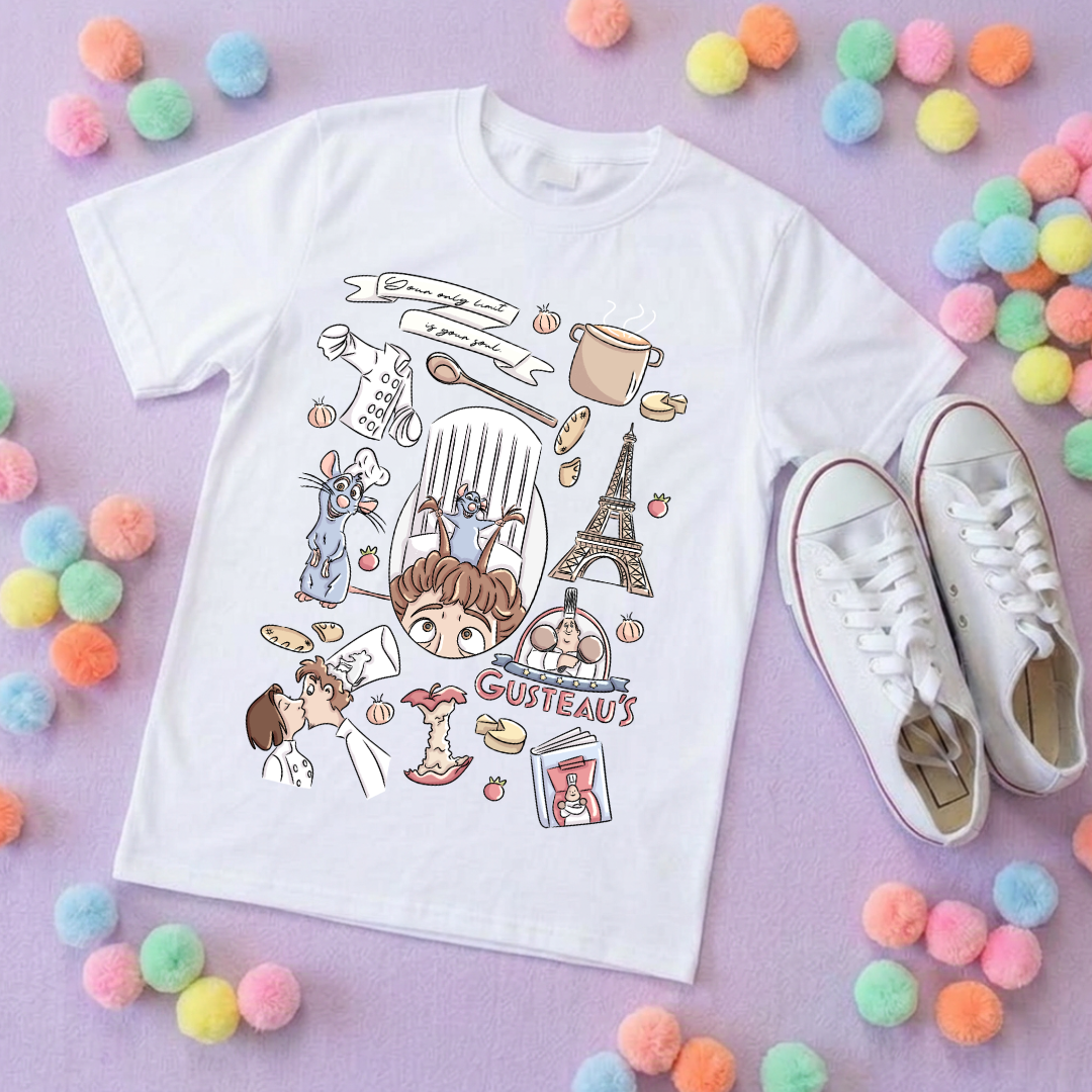 Chez Remi Full Art Rat Inspired Printed T-Shirt, French Mouse Chef, Ratatouille - Adults & Kids Sizes - Cotton T-Shirt