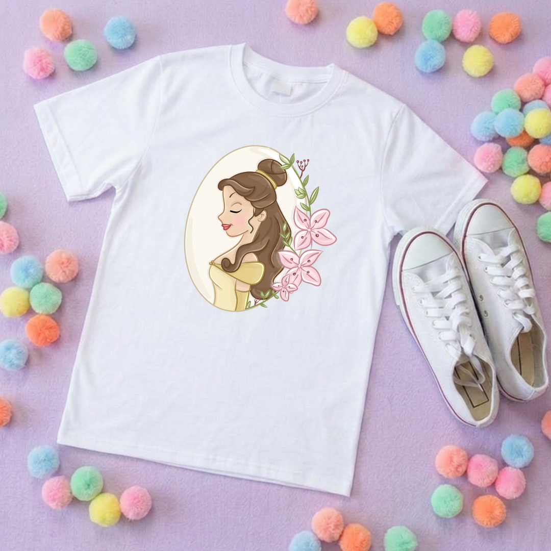 Belle & Flower Inspired Printed T-Shirt, Princess Movie, Mouse Ears, Princess- Adults & Kids Sizes - Cotton T-Shirt