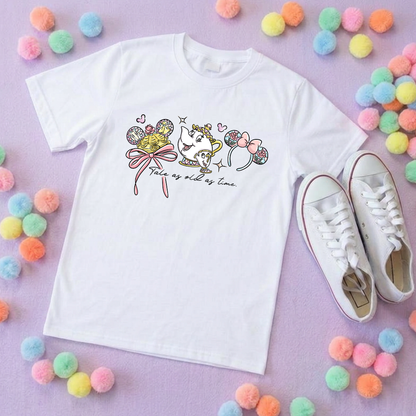 Belle & Teapot Inspired Printed T-Shirt, Princess Movie, Mouse Ears, Princess- Adults & Kids Sizes - Cotton T-Shirt