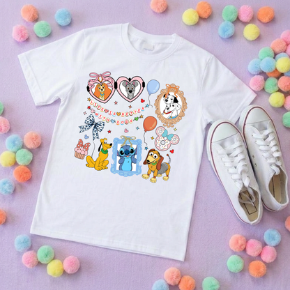 Pets Inspired Printed White T-Shirt, Dogs, Stitch, Dalmations and Friends - Adults & Kids Sizes - Cotton T-Shirt