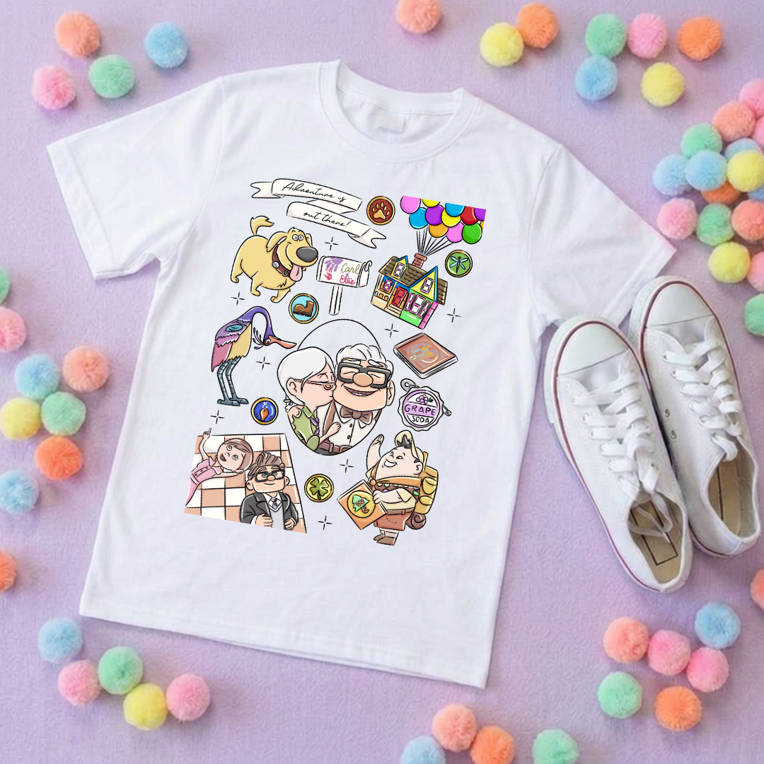 Up Full Art House Inspired Printed White T-Shirt, Florida, Orlando, Ellie and Karl, Kevin, Dug - Adults & Kids Sizes - Cotton T-Shirt